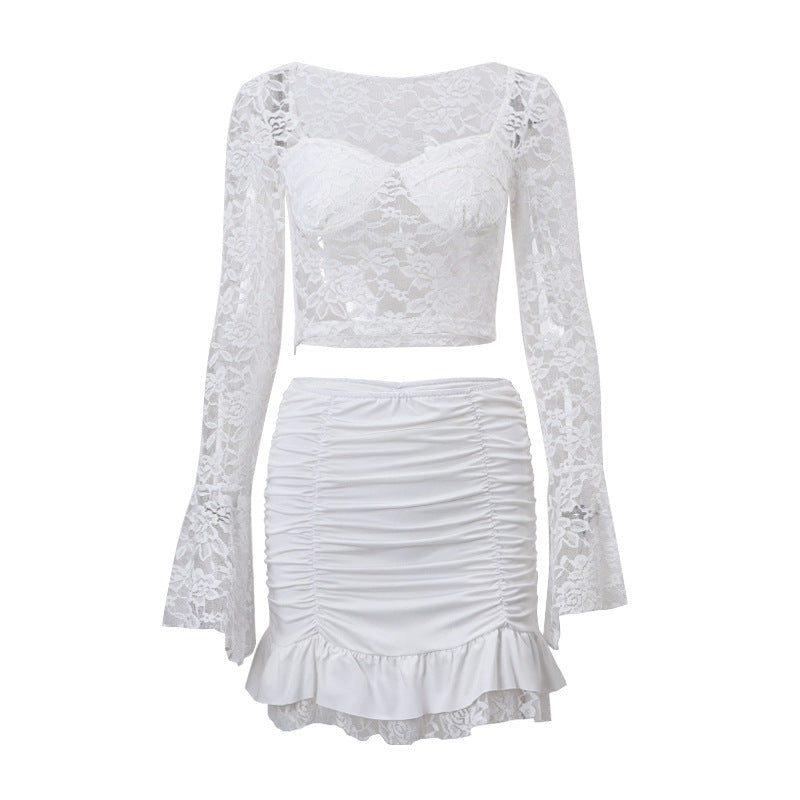 Square Collar Flared Long Sleeve Top Lace Skirt Suit Women