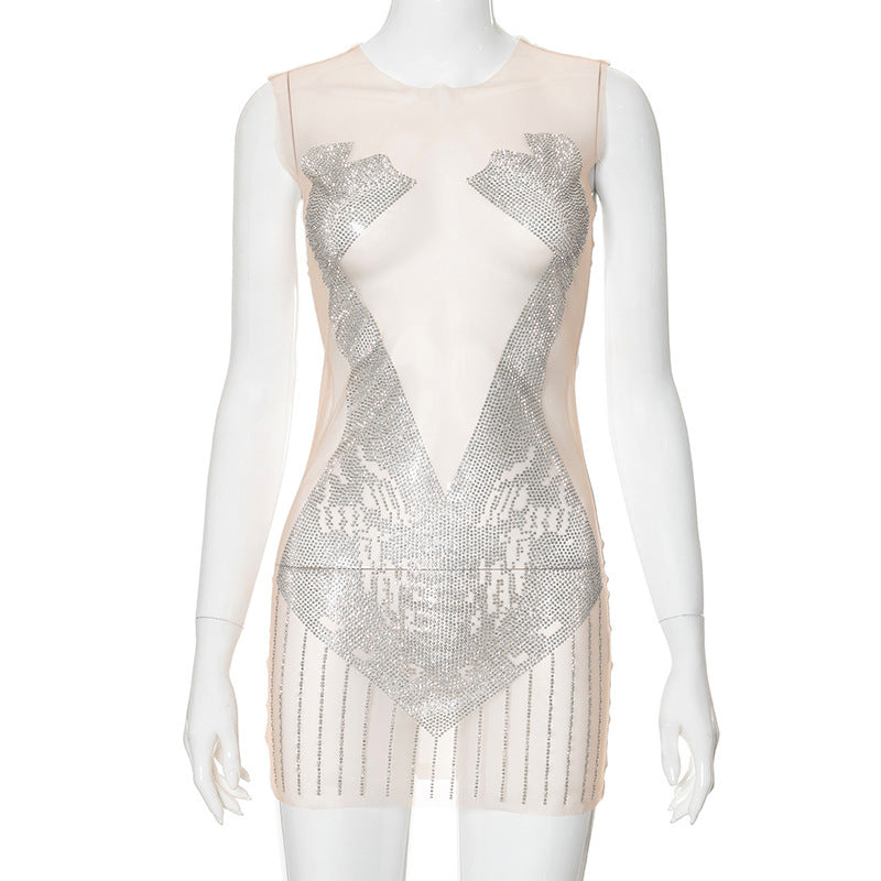 Sheer Mesh Hot Drilling Dress