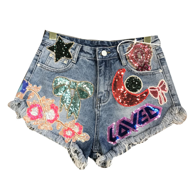 Women's Fashion Moon Star Sequins Heavy-duty Patch Denim Shorts