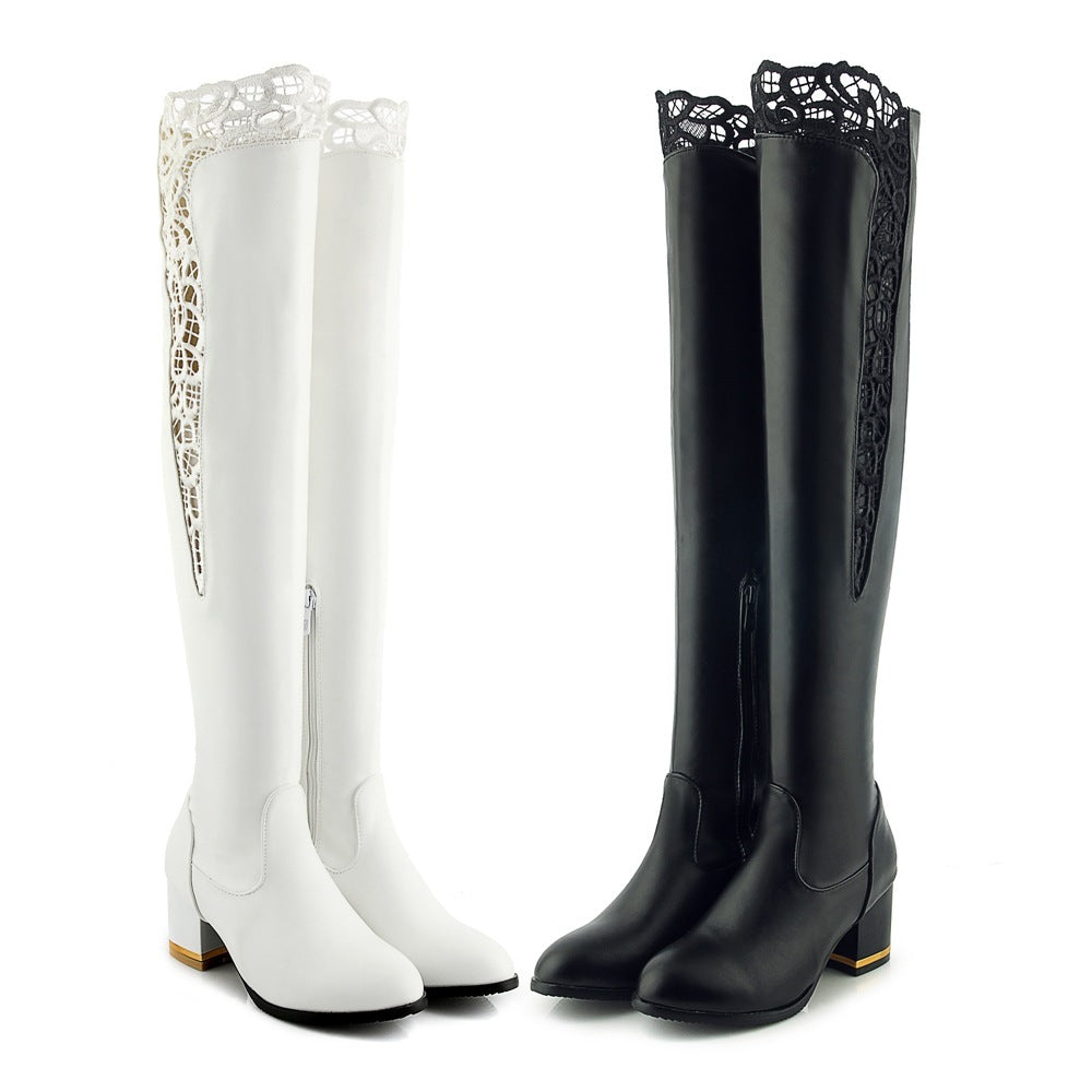 Fashion Lace Hollow Thick Heel Over-the-knee Boots