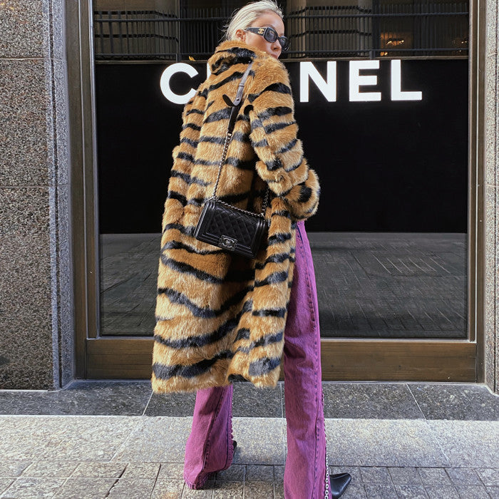 Faux Fur Coat With Tiger Pattern Fur And Long Artificial Hair