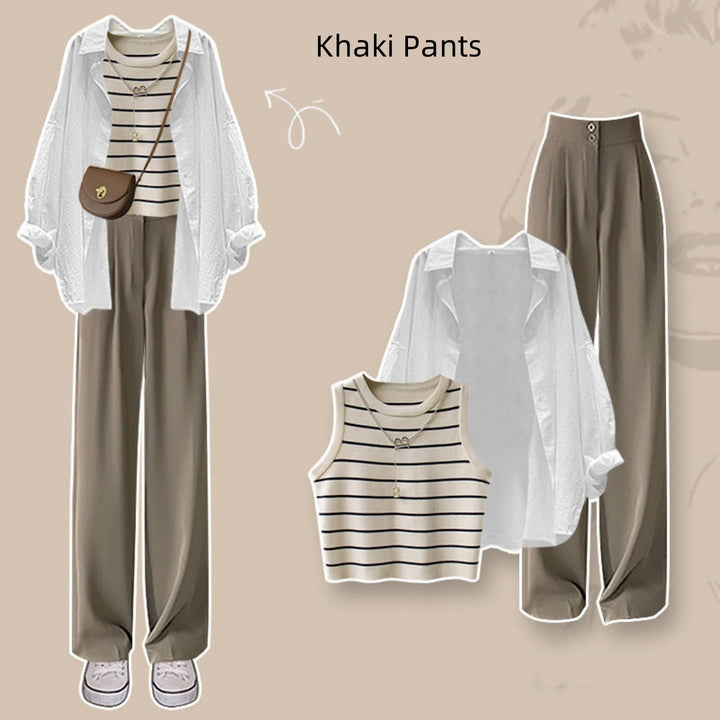 Spring Suit New Niche Design Shirt Striped Vest Wide Leg Pants Three-piece Set