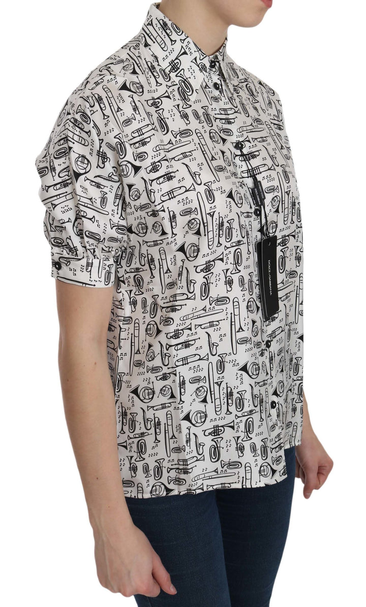 Dolce & Gabbana Musical Instrument Print Silk Collared Top