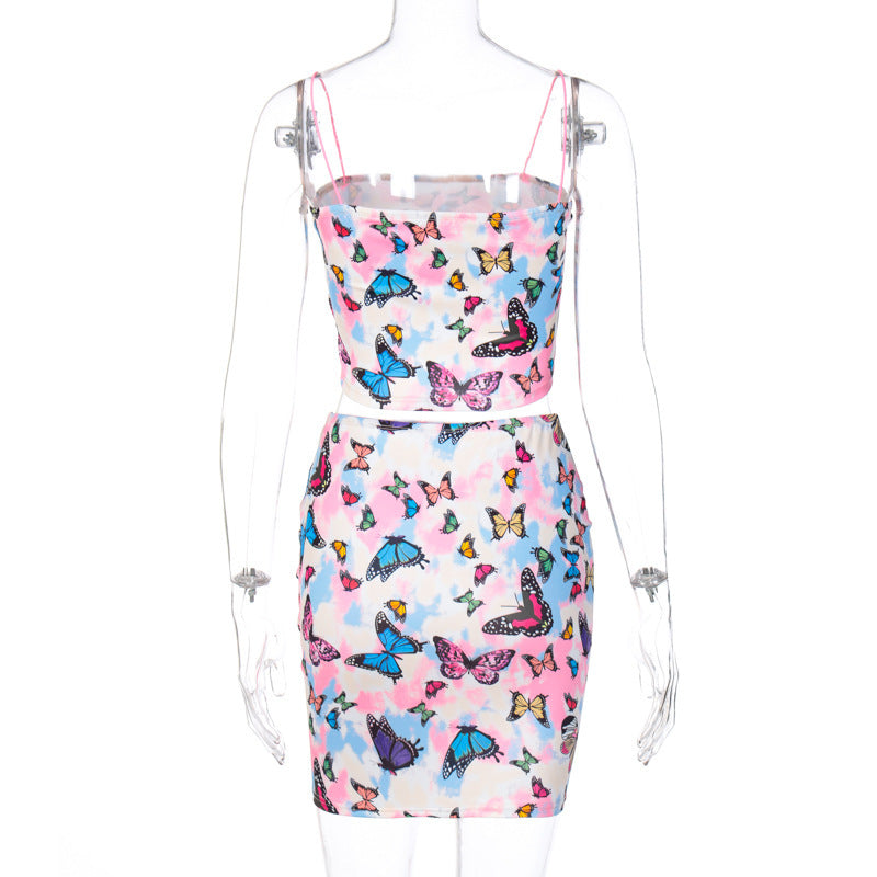 Butterfly print suspender skirt