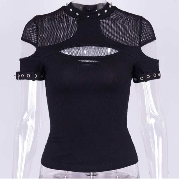 Mesh openwork rivet short sleeve