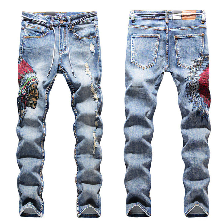 Embroidered Frayed Men's Jeans