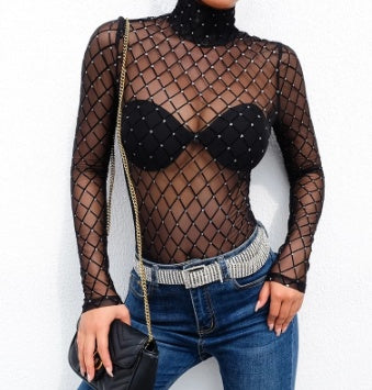 Perspective mesh half-high collar bottoming shirt