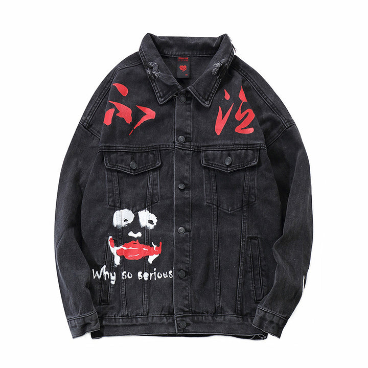 Graffiti printed denim jacket male Korean version of the trend of autumn students handsome loose wild jeans