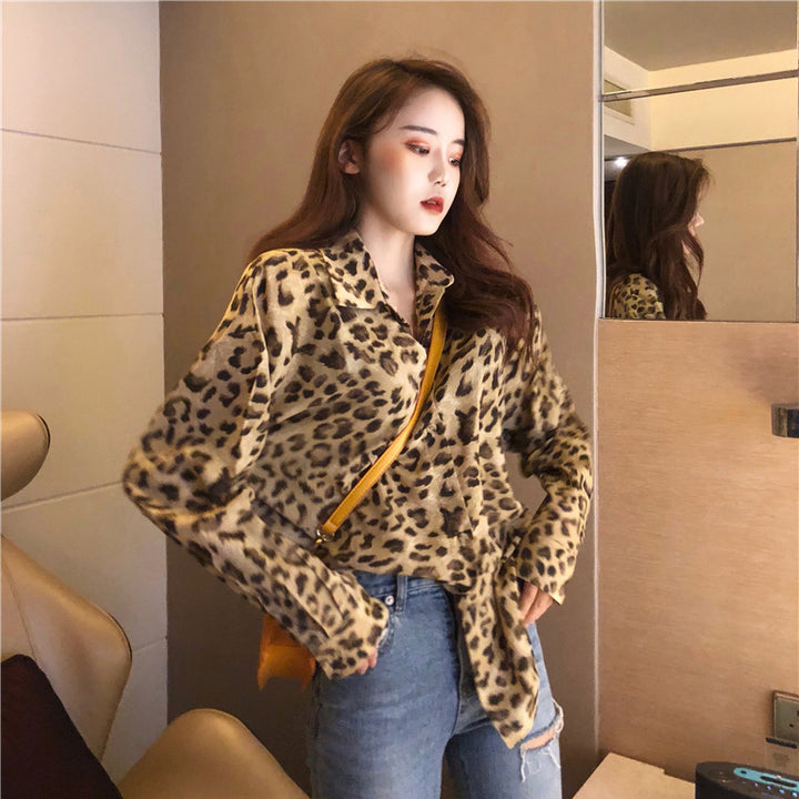 Retro contrast color leopard shirt women  autumn