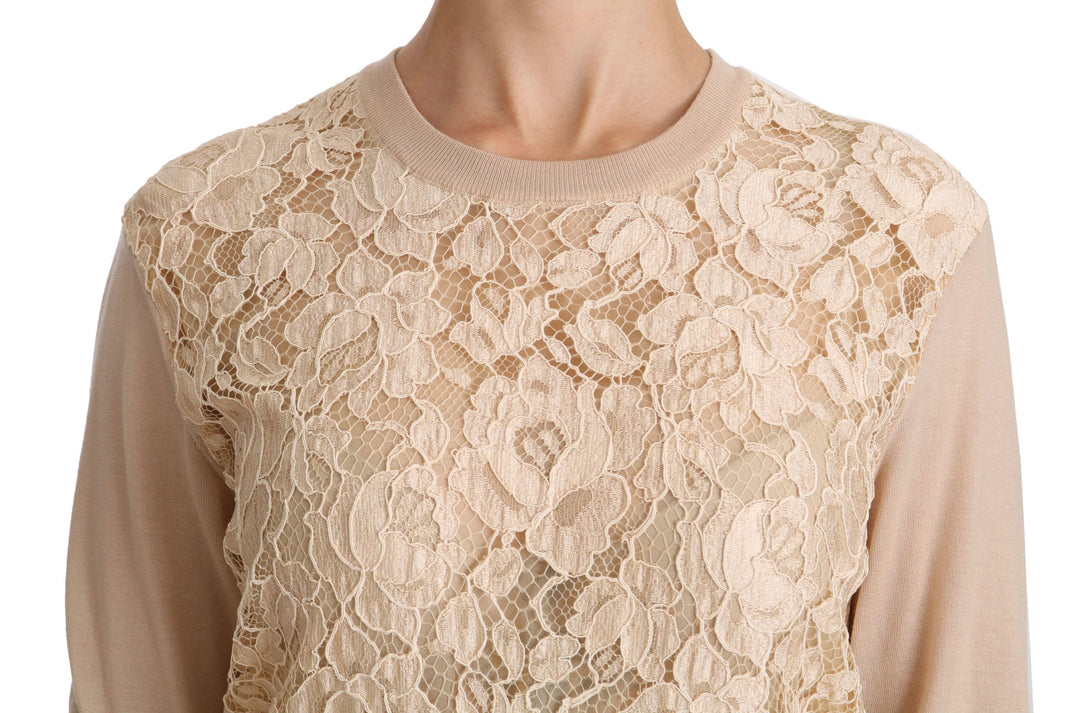 Dolce & Gabbana Elegant Beige Lace Crew Neck Cashmere Blouse