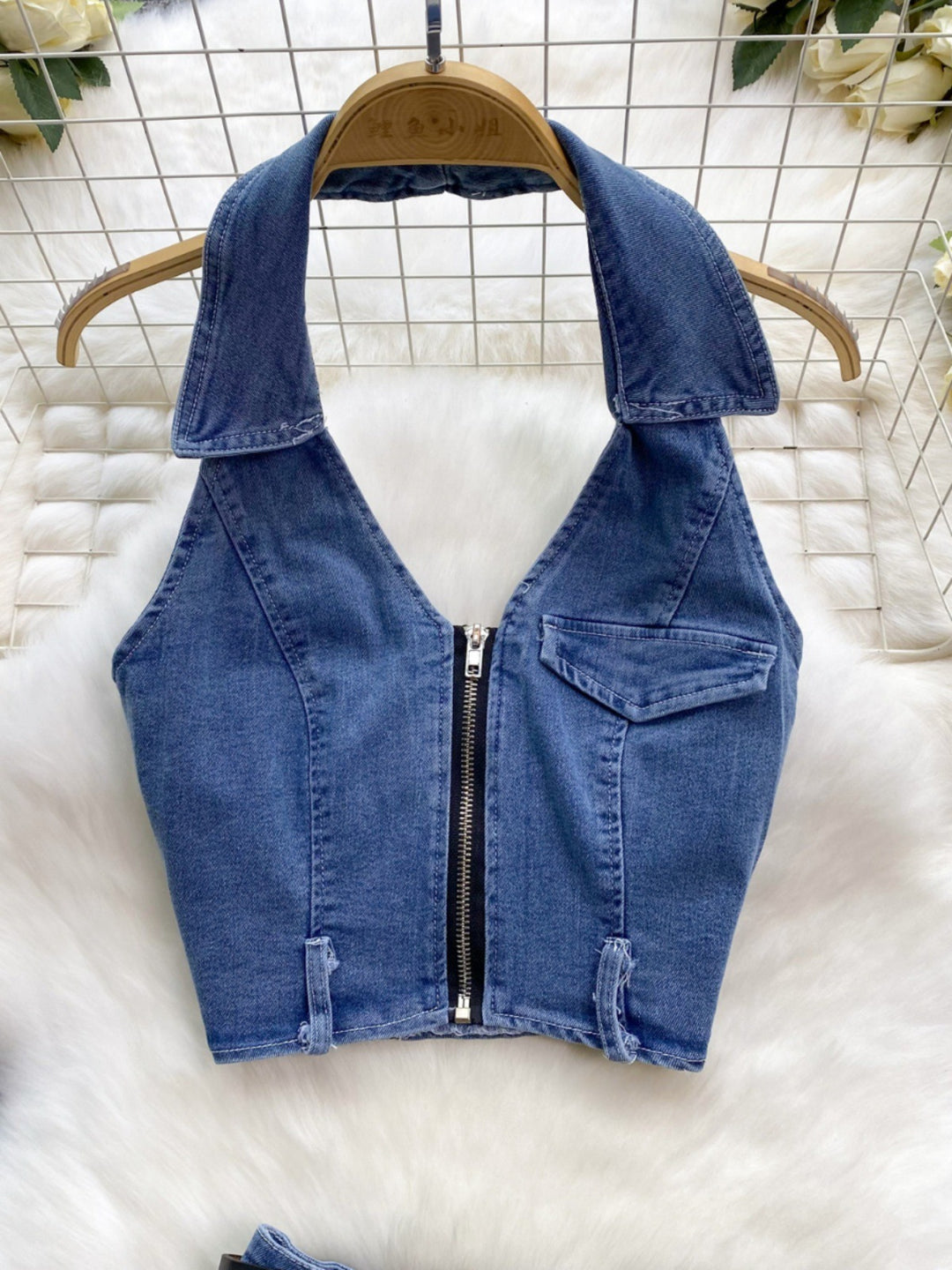 Women's Retro Slim Short Sleeveless Halter Denim Vest Two-piece Set