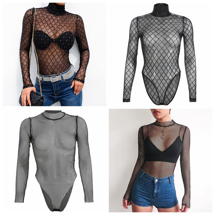 Perspective mesh half-high collar bottoming shirt