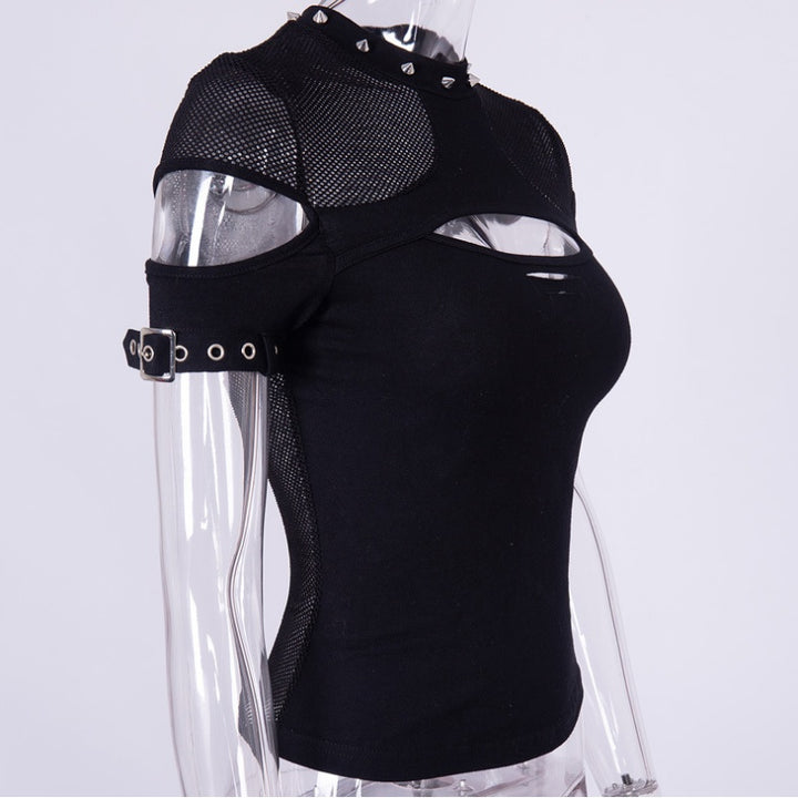 Mesh openwork rivet short sleeve