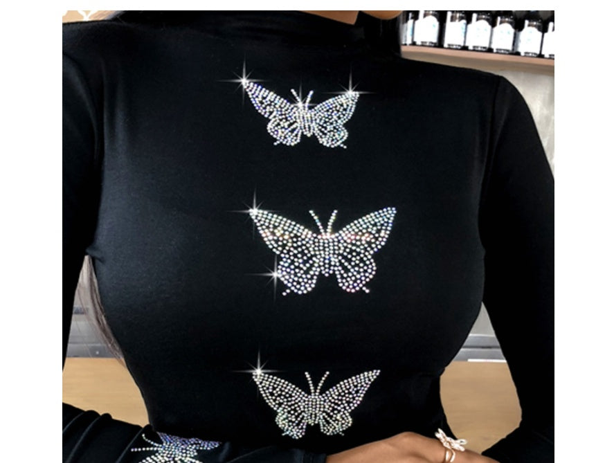 Butterfly Bright Diamond Fashion Long-sleeved Shirt Women