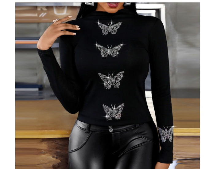 Butterfly Bright Diamond Fashion Long-sleeved Shirt Women