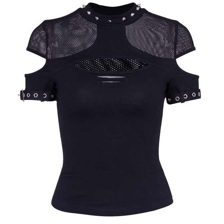 Mesh openwork rivet short sleeve