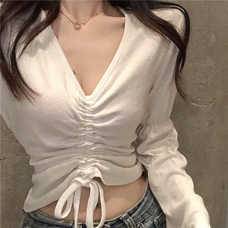 Autumn V-neck Flared Sleeve Drawstring Short top Slim Long Sleeve Top