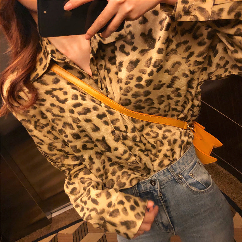 Retro contrast color leopard shirt women  autumn