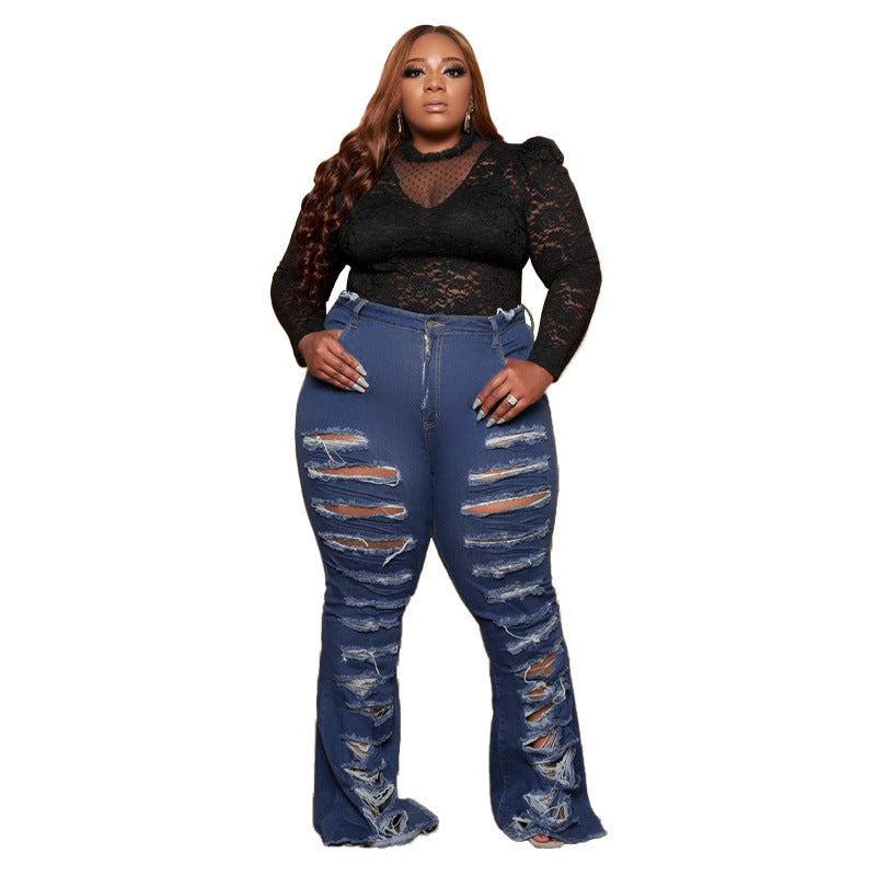 New Washing Trend Large Size Women's Torn Jeans