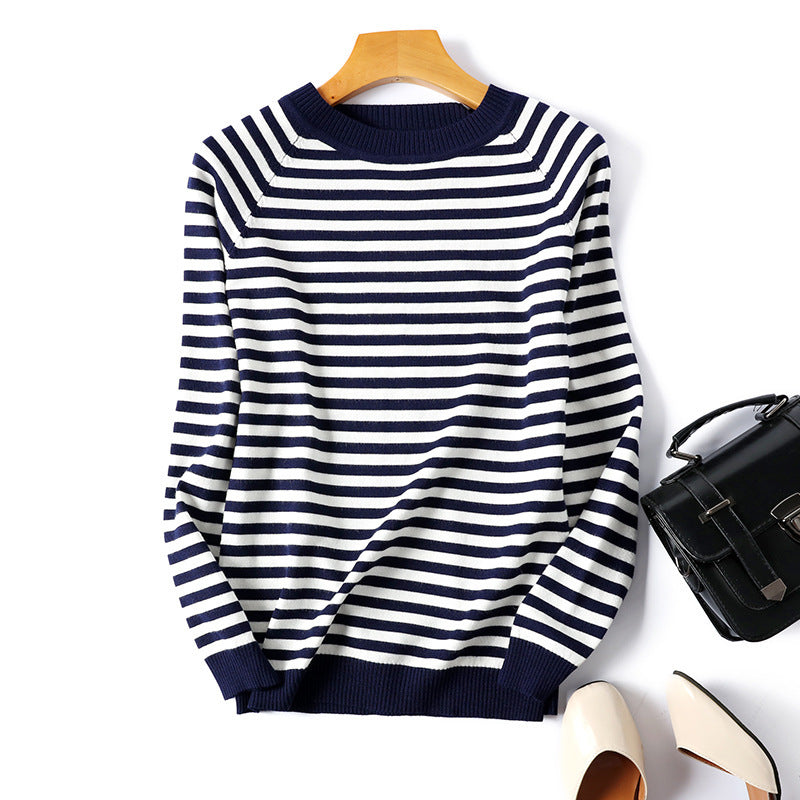 Striped Round Neck Long-sleeved Knitted Bottoming Shirt