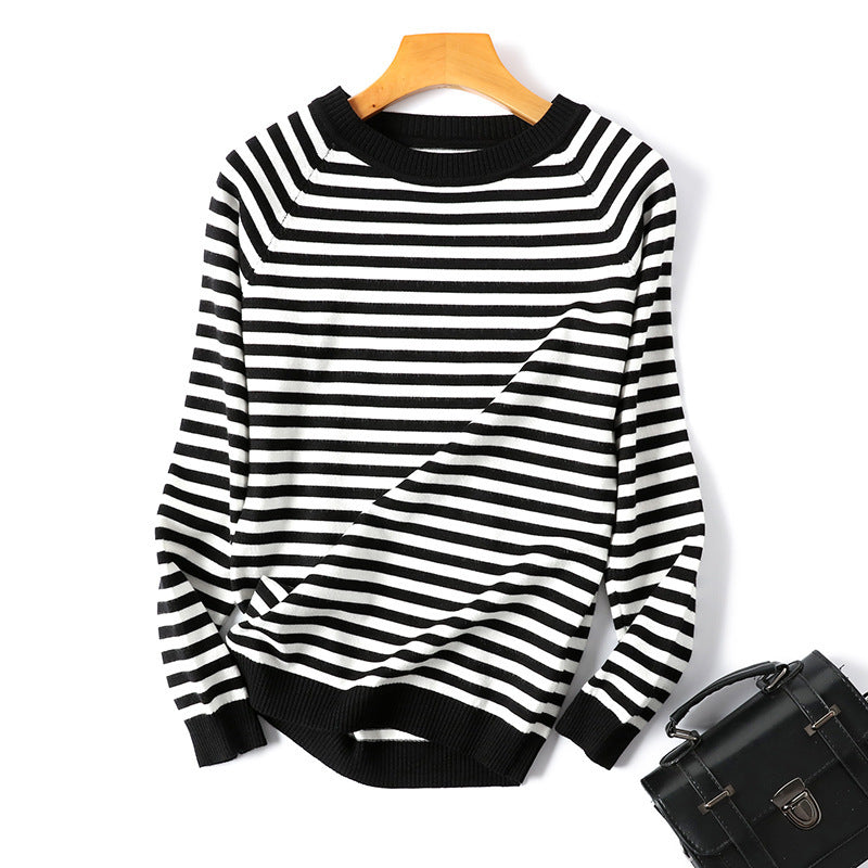 Striped Round Neck Long-sleeved Knitted Bottoming Shirt