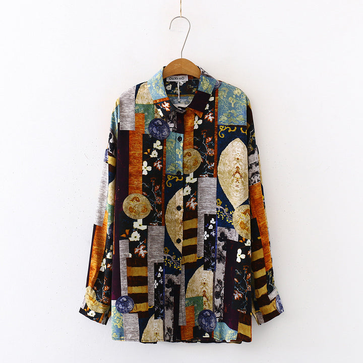 Loose Plus Size Retro Print Shirt