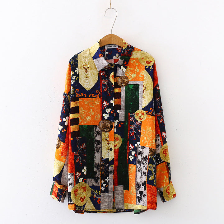 Loose Plus Size Retro Print Shirt