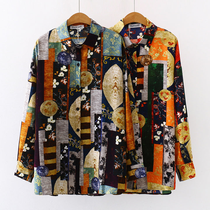 Loose Plus Size Retro Print Shirt