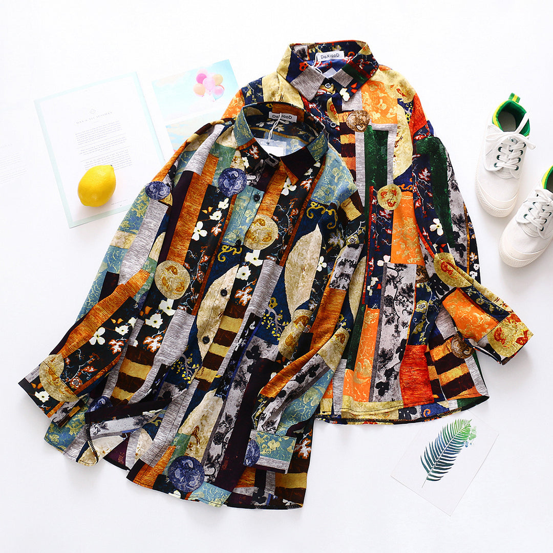 Loose Plus Size Retro Print Shirt