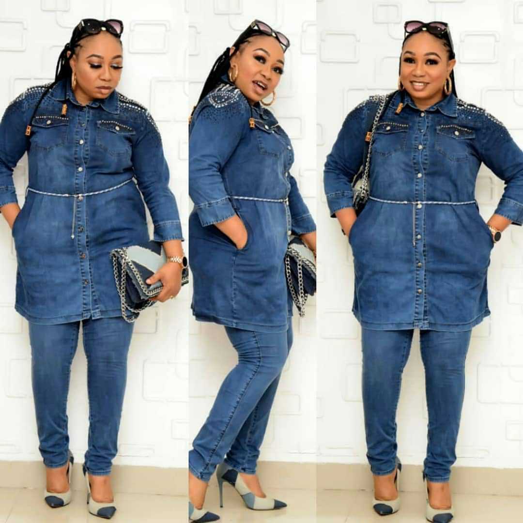 Fashion Women's Denim Shirt Jacket And Pencil Pants Suit