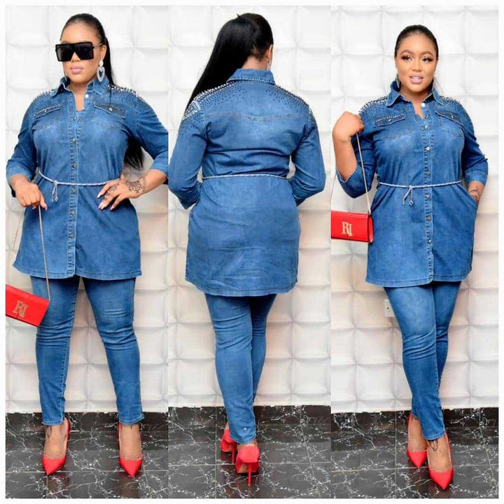 Fashion Women's Denim Shirt Jacket And Pencil Pants Suit