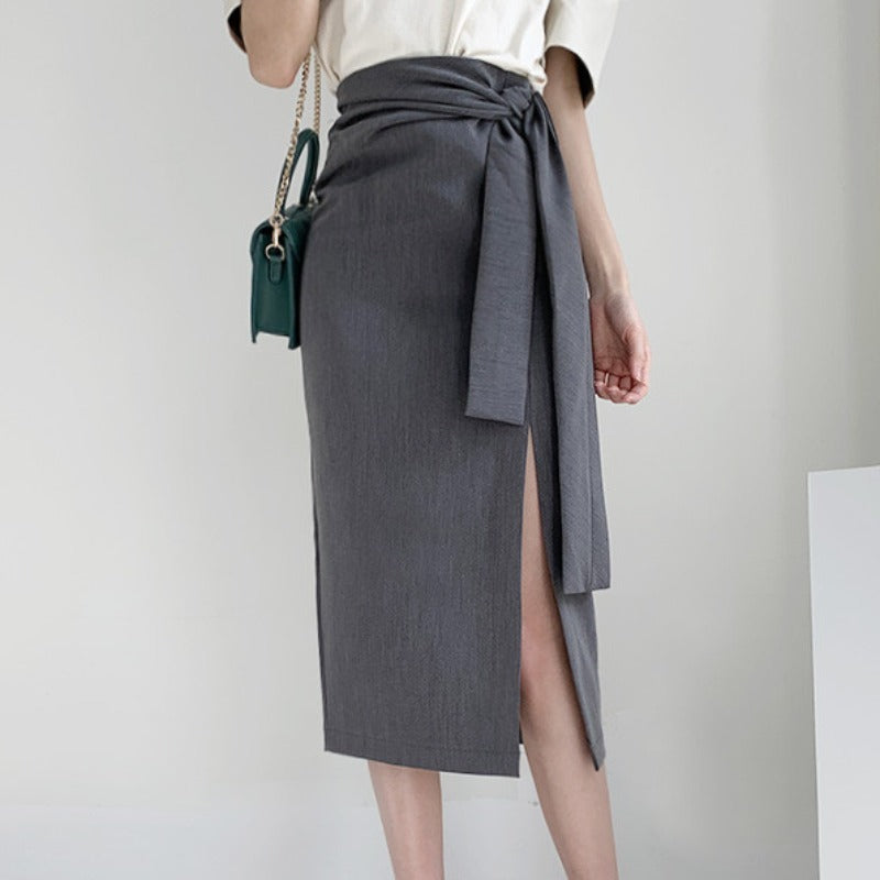 A-line Mid-length Slit High Waist Bag Hip Skirt