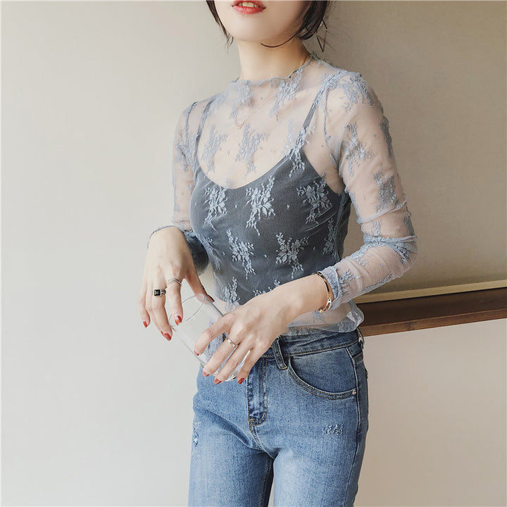 New Lace Mesh Gauze Sexy Long-Sleeved All-Match Lace See-Through Bottoming Shirt