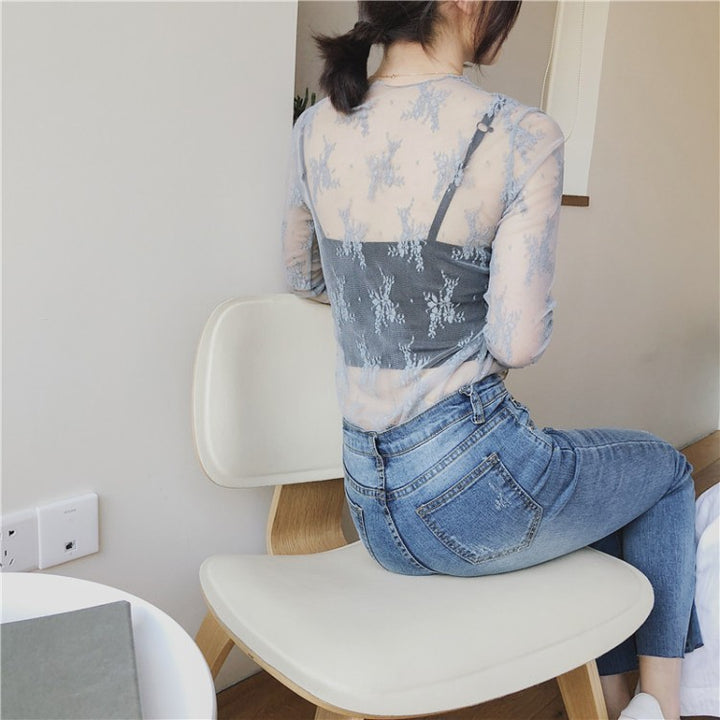 New Lace Mesh Gauze Sexy Long-Sleeved All-Match Lace See-Through Bottoming Shirt