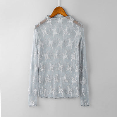 New Lace Mesh Gauze Sexy Long-Sleeved All-Match Lace See-Through Bottoming Shirt