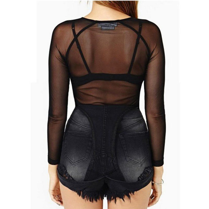 Spring And Autumn Black Full Transparent Net Yarn Bottoming Shirt Women's Long-Sleeved Sexy See-Through Thin Net Shirt Super Stretch Gauze