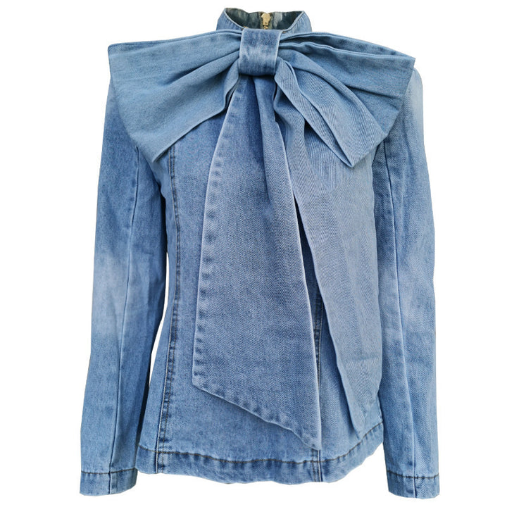 New Spring European Style Stand Alone Collar Bow Tie Denim Blouse