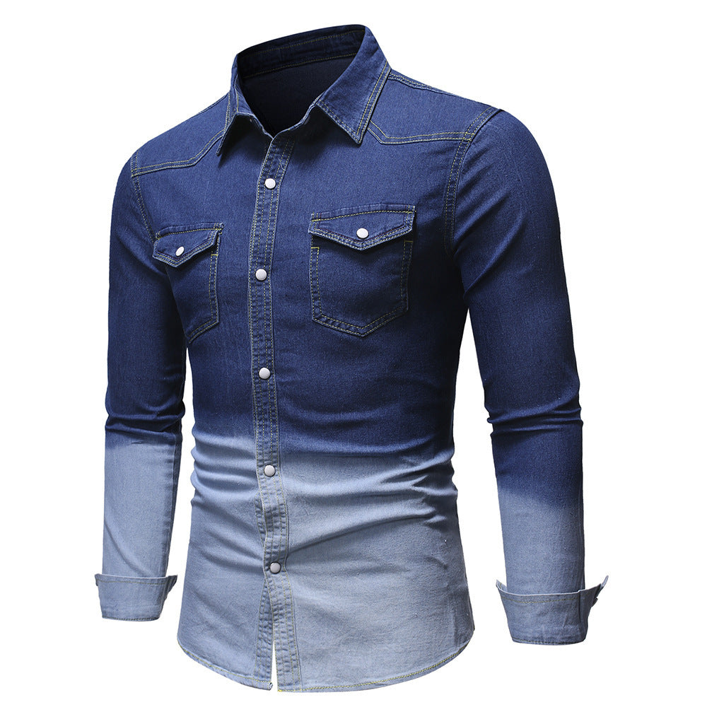 Men's Denim Long-Sleeved Shirt - Stylish Gradient - Shop Swazeyfit