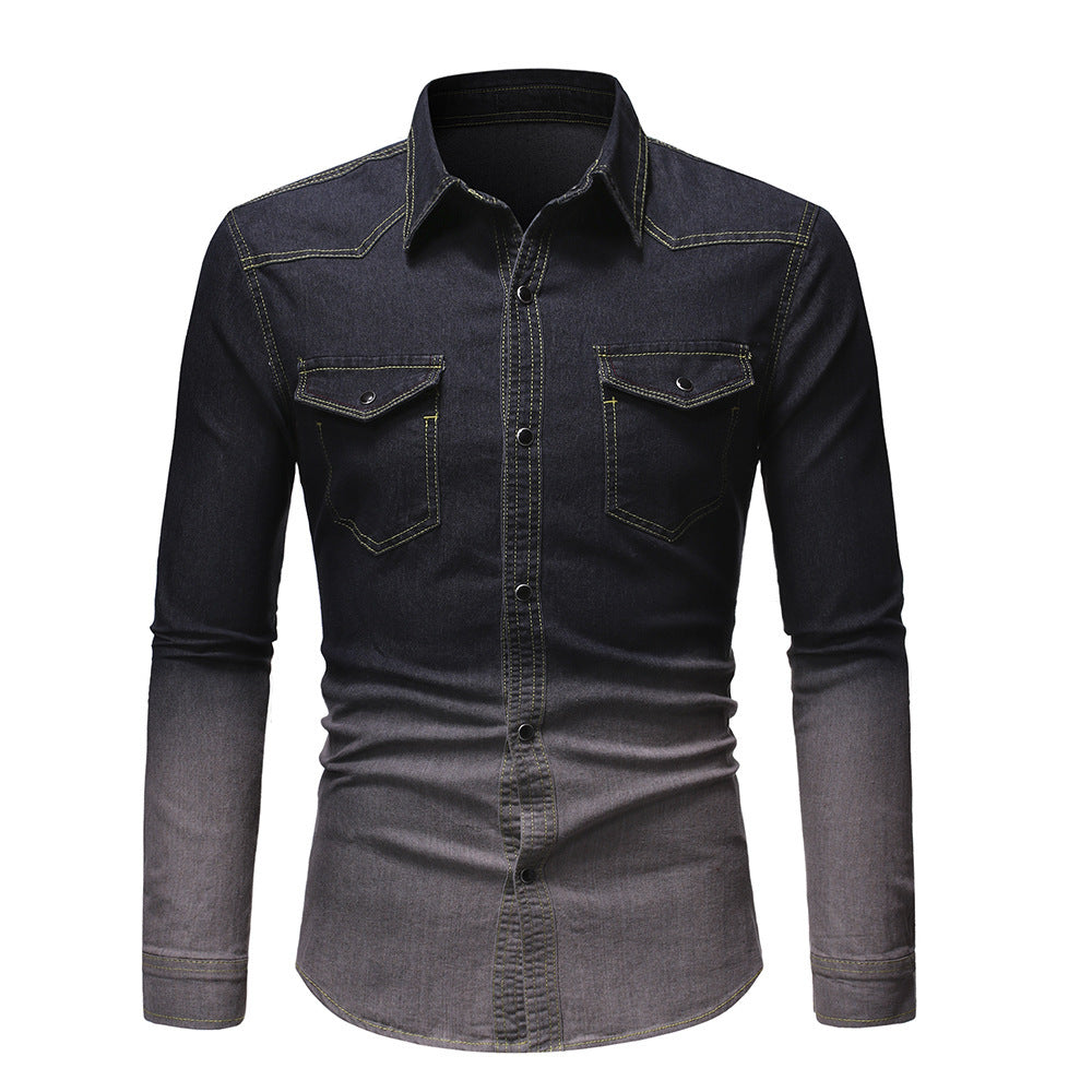 Men's Denim Long-Sleeved Shirt - Stylish Gradient - Shop Swazeyfit