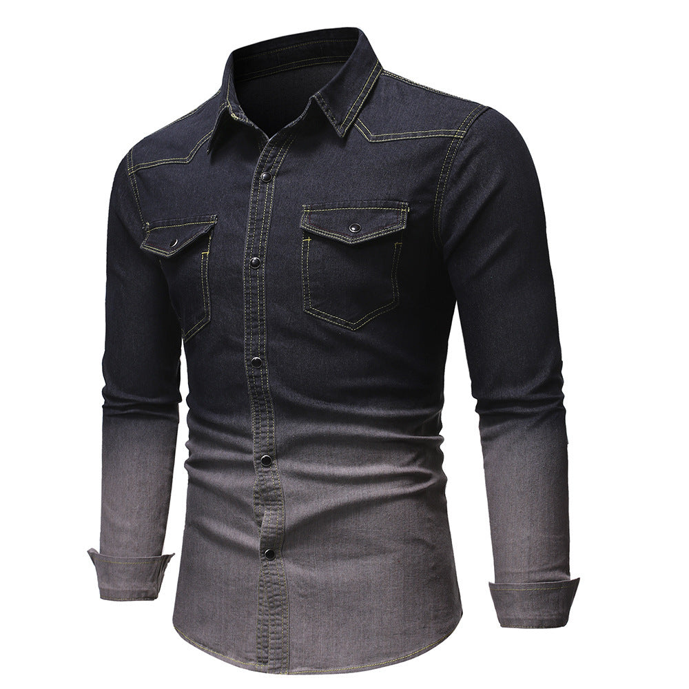 Men's Denim Long-Sleeved Shirt - Stylish Gradient - Shop Swazeyfit