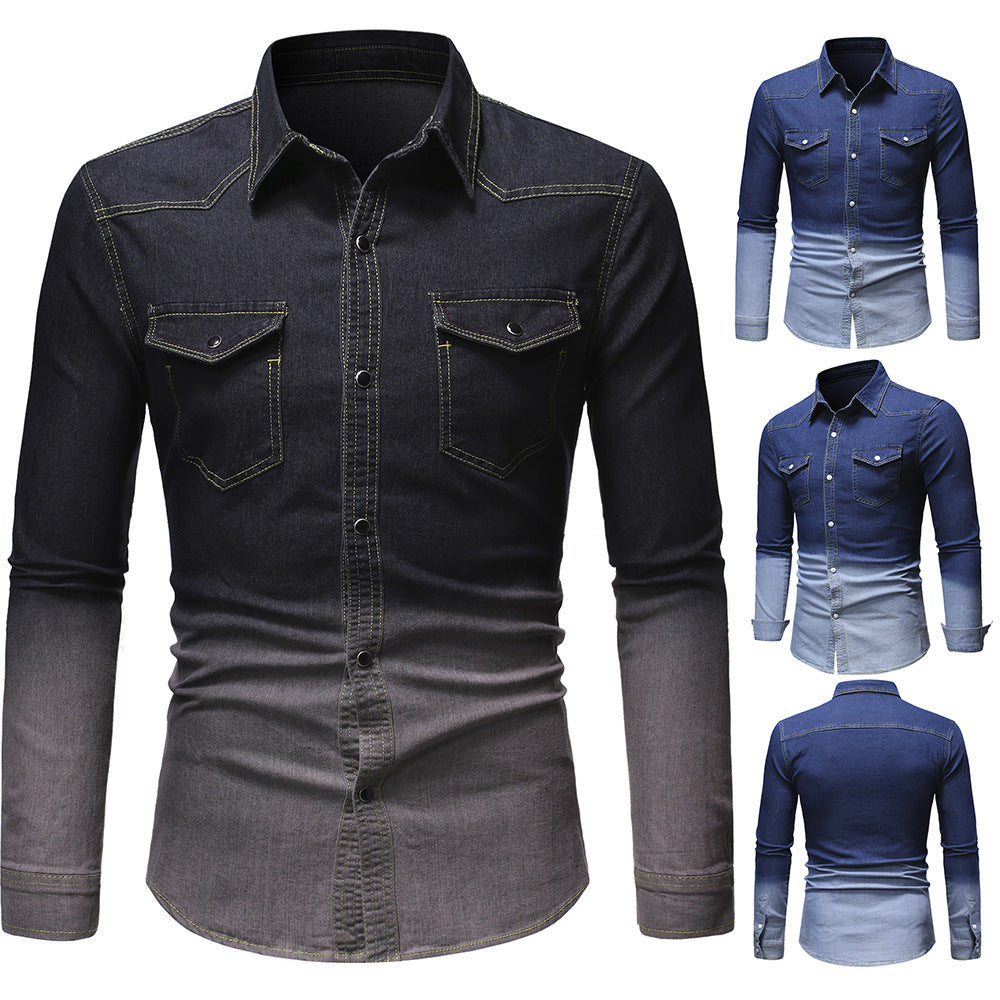 Men's Denim Long-Sleeved Shirt - Stylish Gradient - Shop Swazeyfit