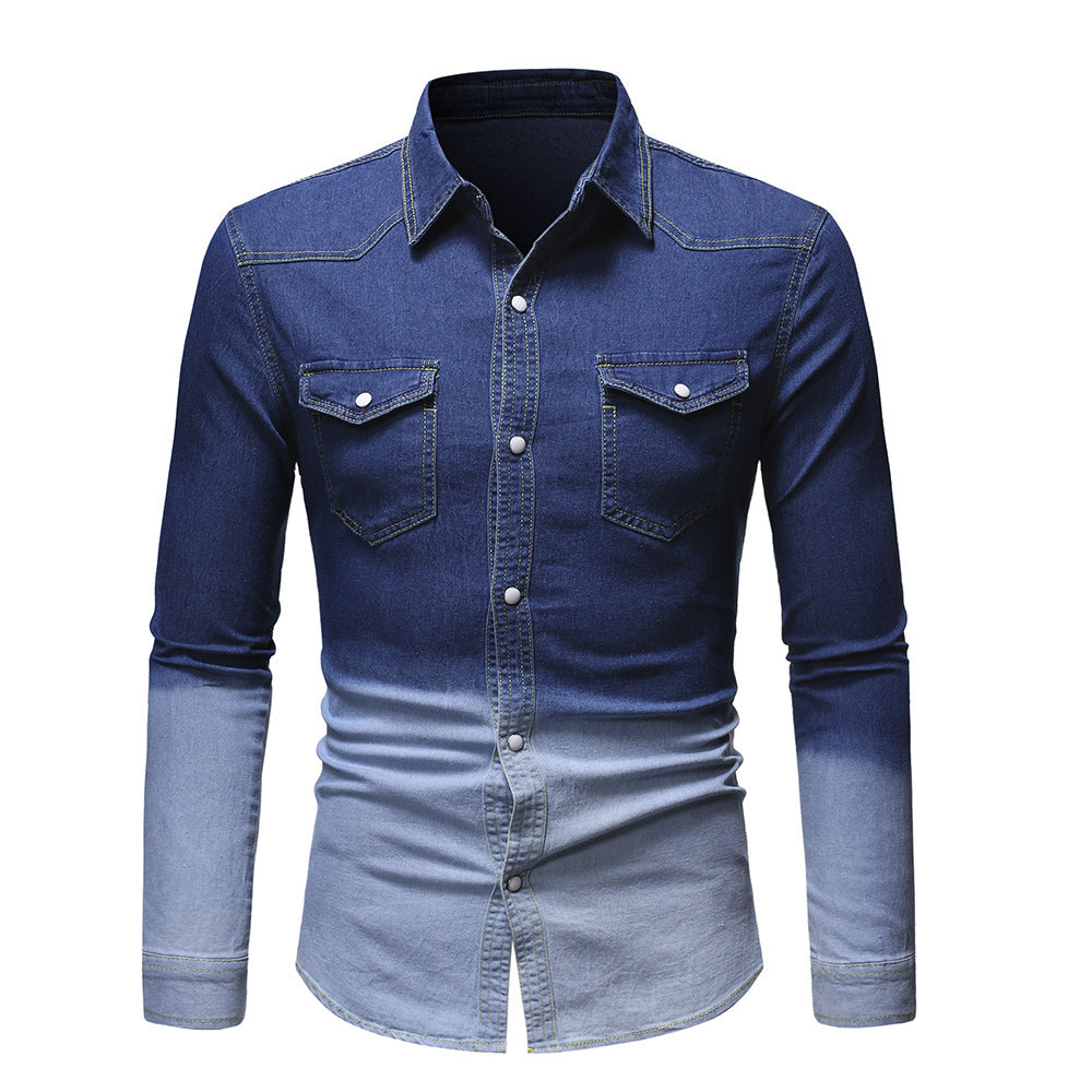 Men's Denim Long-Sleeved Shirt - Stylish Gradient - Shop Swazeyfit