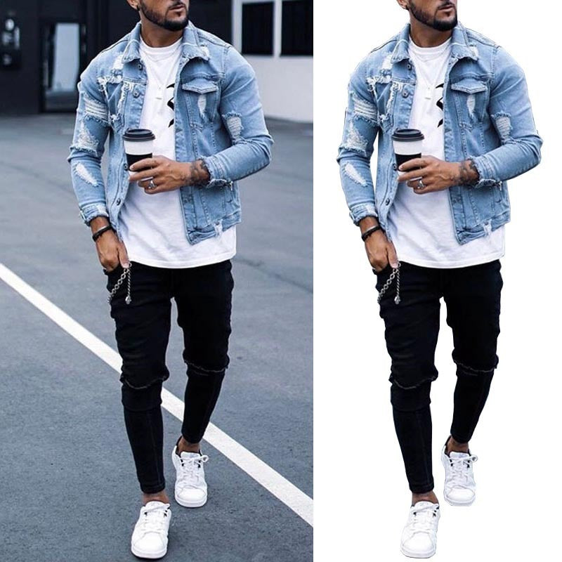 Spring and Autumn Men's Denim Jacket Ripped Hole Washed Jacket Men's