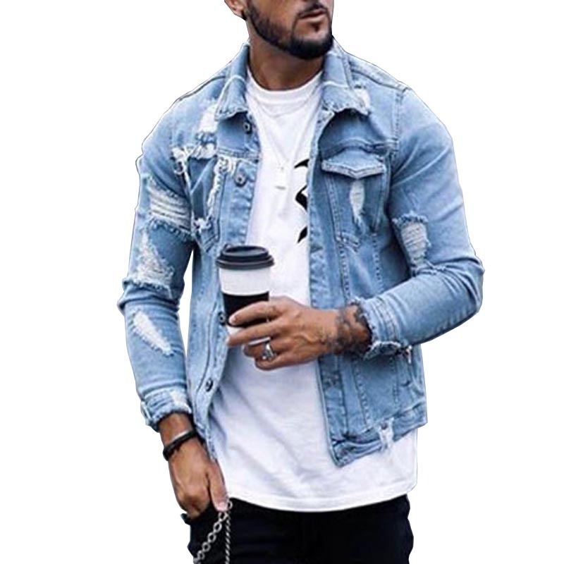 Spring and Autumn Men's Denim Jacket Ripped Hole Washed Jacket Men's