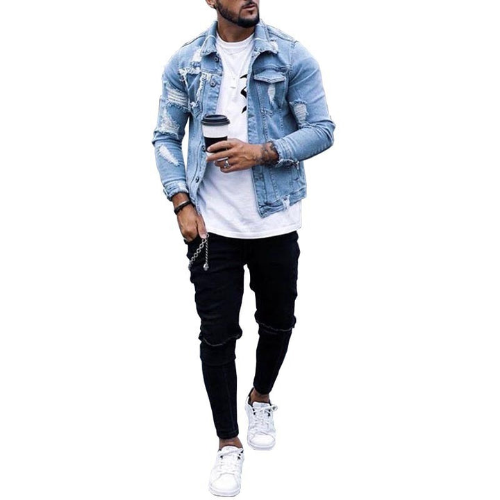 Spring and Autumn Men's Denim Jacket Ripped Hole Washed Jacket Men's