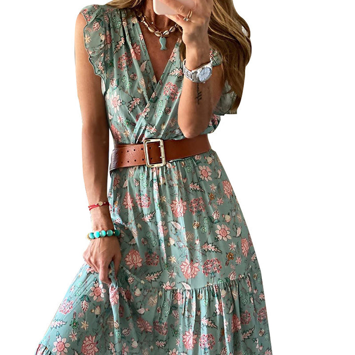 V-Neck Print Dress With Skirt