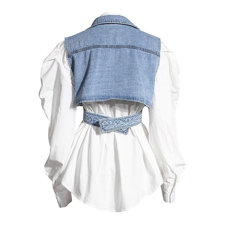 Irregular denim vest puff sleeve shirt