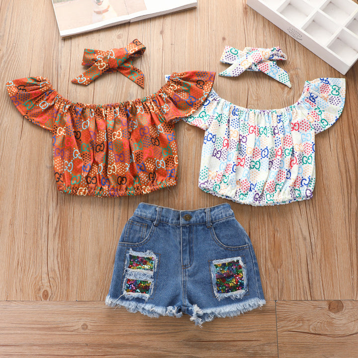 Printed Pullover Denim Shorts Suit American Summer Three-piece Children's Clothing Girls Short Set