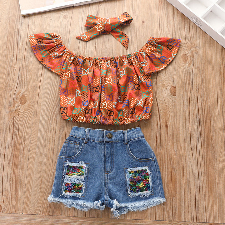 Printed Pullover Denim Shorts Suit American Summer Three-piece Children's Clothing Girls Short Set