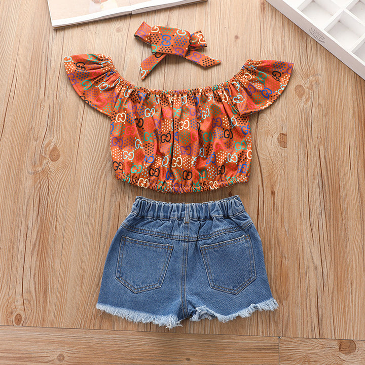 Printed Pullover Denim Shorts Suit American Summer Three-piece Children's Clothing Girls Short Set